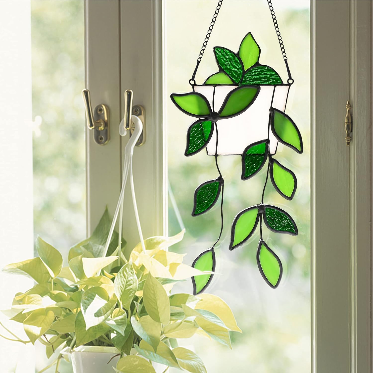 BOXCASA Stained Glass Window Hanging for Plant Lovers,Handmade Green Plants Artificial,Suncatcher Plant Gifts for Women,Grandma,Mother's Day,Christmas