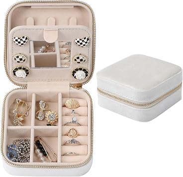 Dajasan Velvet Jewelry Box, Mini Travel Jewelry Case, Portable Travel Jewelry Organizer with Mirror for Birthday Mothers Day Valentines DayBeige