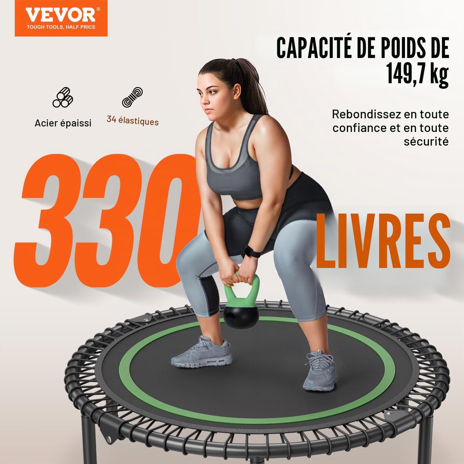 VEVOR Mini Trampoline Pliable, 1027 mm, Fitness rebounder, Charge maximale 150 kg, Petit Trampoline d'entraînement d'intérieur Stable et Silencieux, pour Exercice, entraînement, Fitness pour Adultes