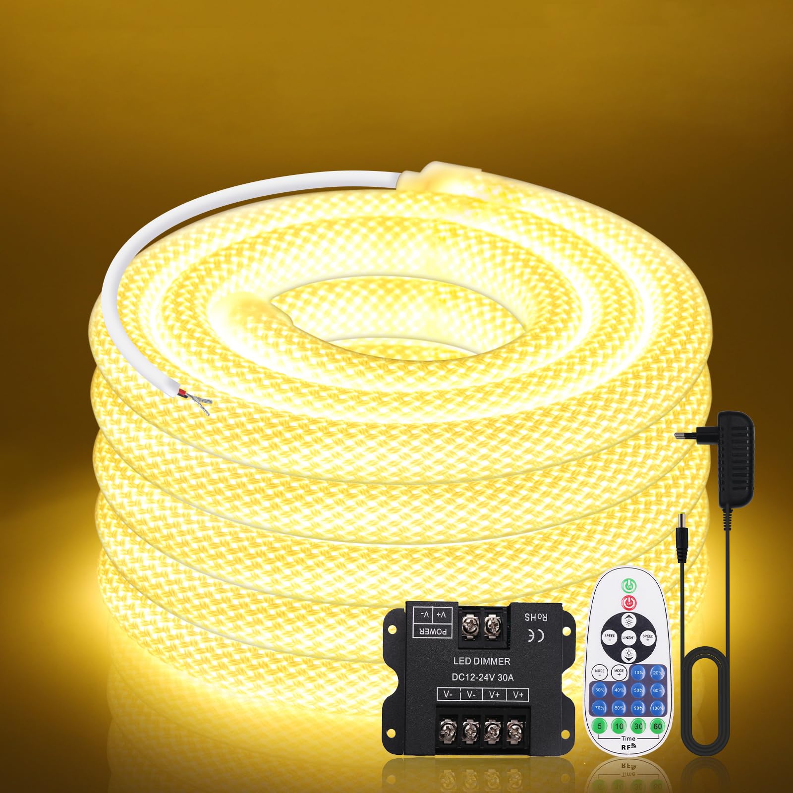 Dimmbare Neon LED Streifen 4M, 360° Rundes Maschenrohr Neon Band, SMD2835 240LEDs/m Warmweiß IP67 Wasserdichtes Schlauch Lichtband mit 24V 3A Adapter für Weihnachten, Innen/Außen Deko