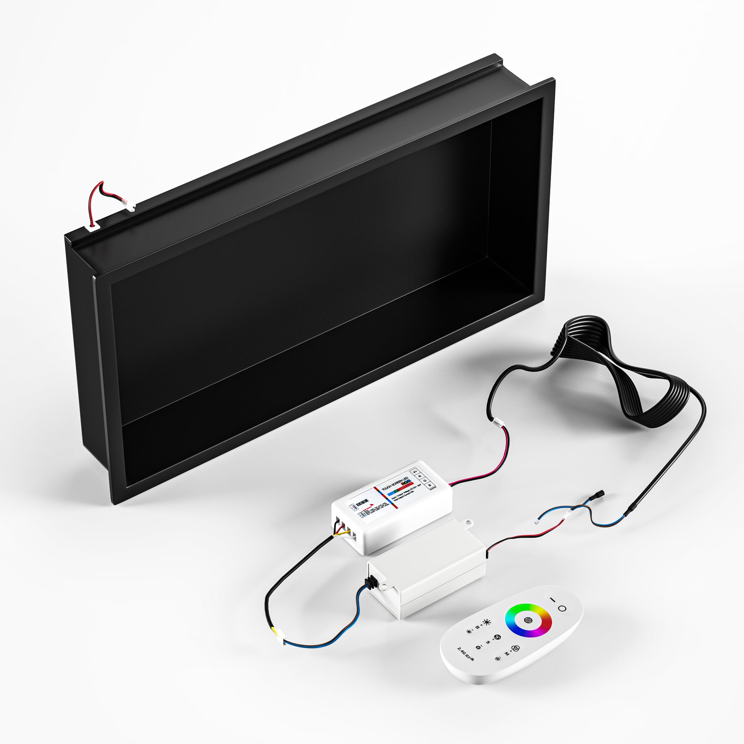 Duschnische Edelstahl mit RGB LED, Wandnische für das Bad | 20 dynamische Beleuchtungsmodi, Wandnische Dusche mit Fernsteuerung und Farbwechselbeleuchtung, 60cm×30cm, Schwarz