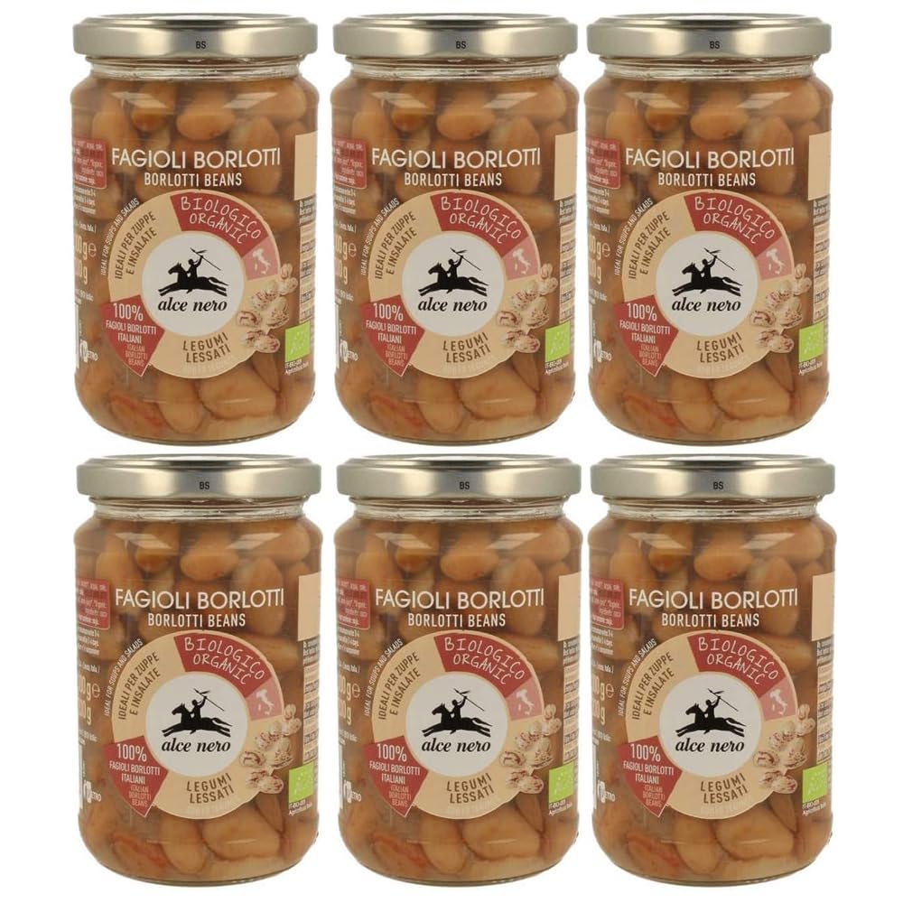 Alce Nero Fagioli Borlotti Biologici, Legumi Lessati in Vetro, Confezione da 6 Barattoli