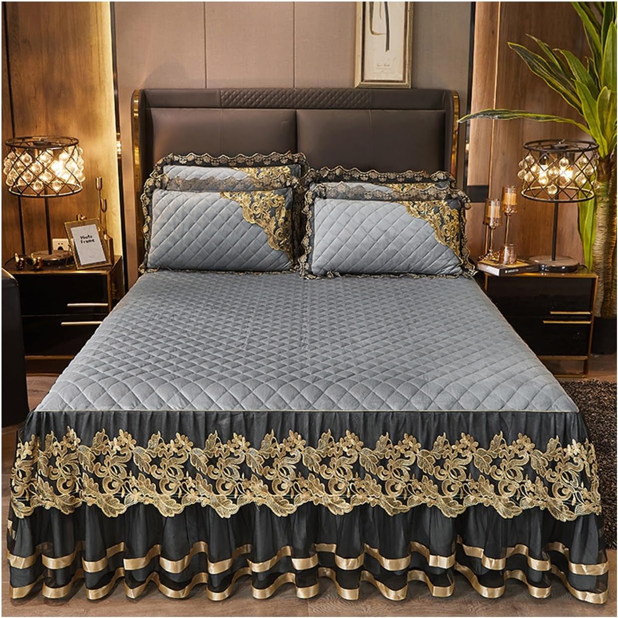 XMAYODS 3 Pieces Quilted Luxury Velvet Bedspread Bed Skirt with 2 Pillowcases,18 Inches Deep Ruffles Drop Fitted Sheet Wrap Around Bed Skirt with Decorative Fringe (Color : #26, Size : 150x200CM)