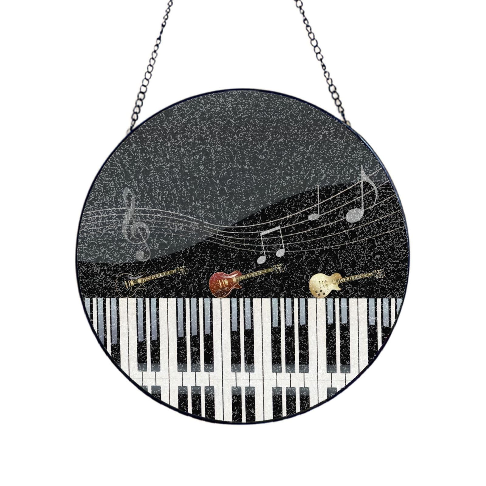 Phayah Guitar Piano Pattern Print Glass Window Hanging Round Suncatcher Glass Ornament Garden Wall Fence Decorations Indoor Outdoor 4in（10cm）