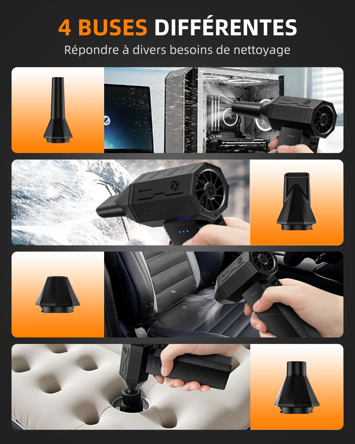 Bombe d’air comprimé,Souffleur Air Comprimé, vitesse maximale de 11 000 tours/minute, équipé de 3 vitesses réglables, batterie rechargeable intégrée de 5 000 mAh, conception miniaturisée