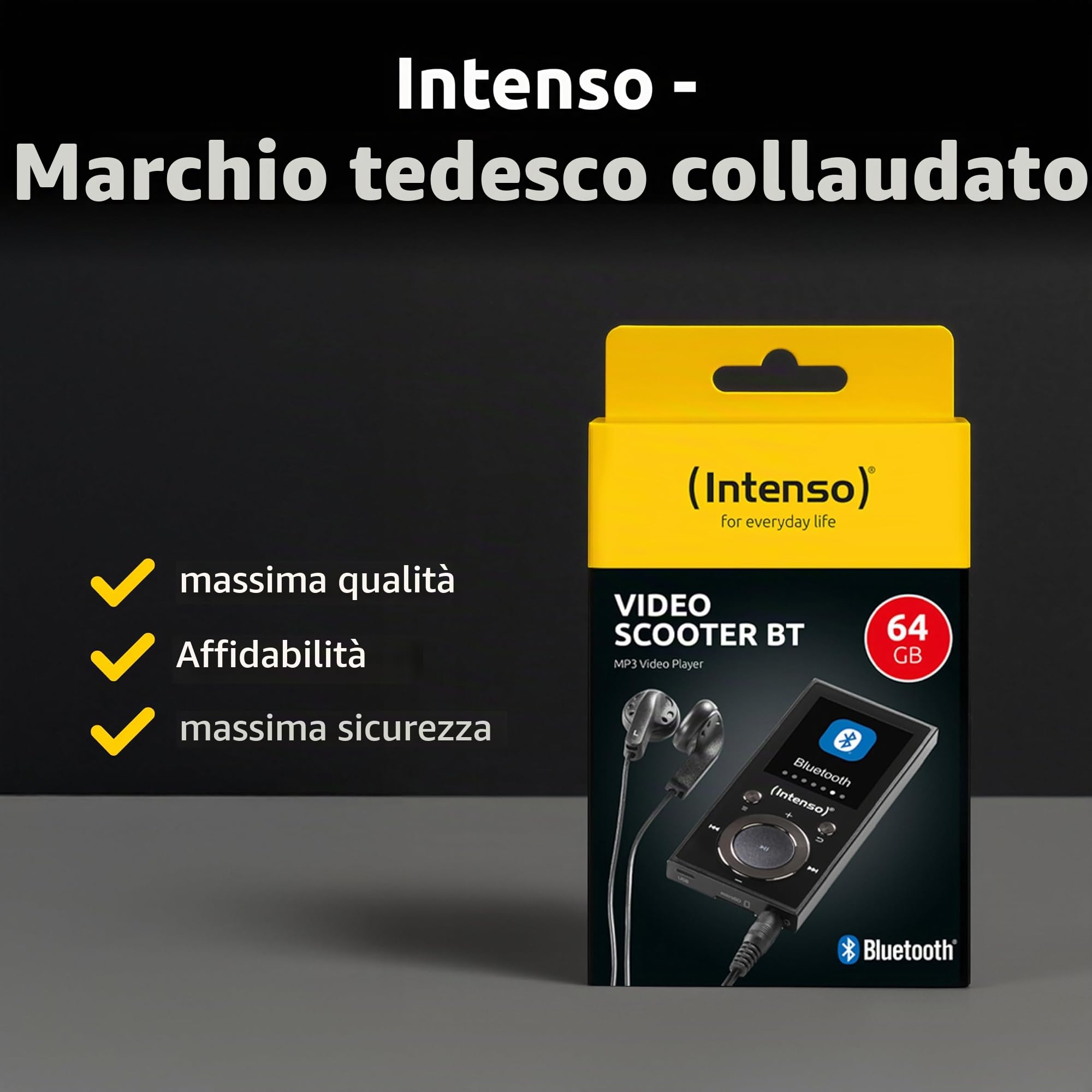 Intenso Lettore video BT MP3 con Bluetooth 5.0, display a colori da 1,8 pollici, microSD, USB C, batteria fino a 18 ore, con cuffie, nero