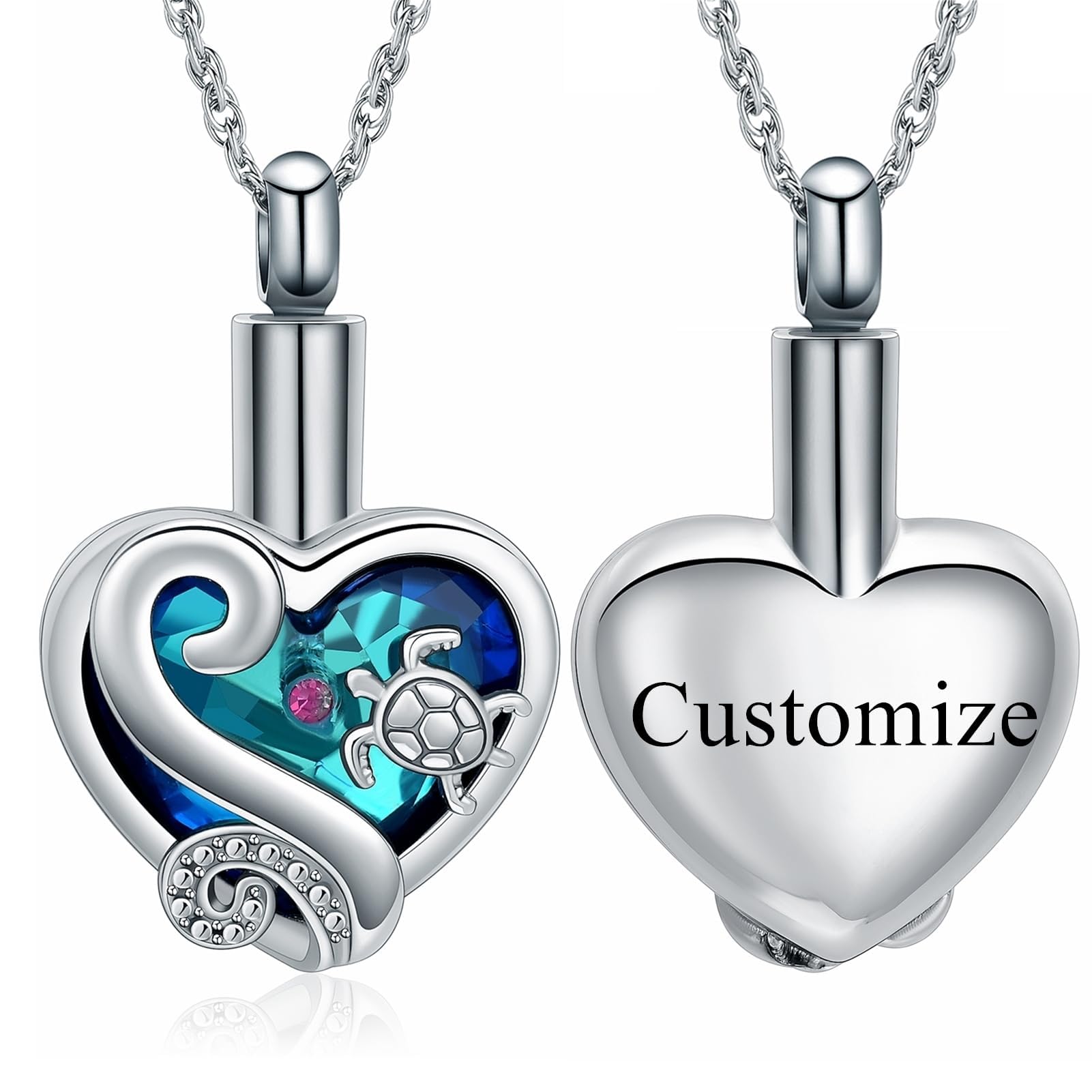 Customizable Heart Urn Necklaces for Ashes Sea Turtle Crystal Cremation Jewelry Keepsake Memorial Urns Pendant Jewellery for Pets/Human