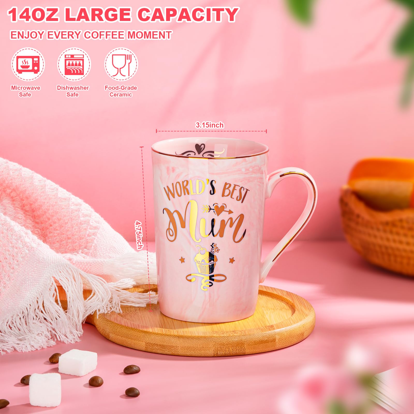 Doublewhale Gifts for Mum from Daughter Son, Mums Birthday Gifts, Valentines Day Mothers Day Gift, World's Best Mum Coffee Mug, 14OZ Coffee Cup Gift with Exquisite Box, Golden Spoon, Greeting Card