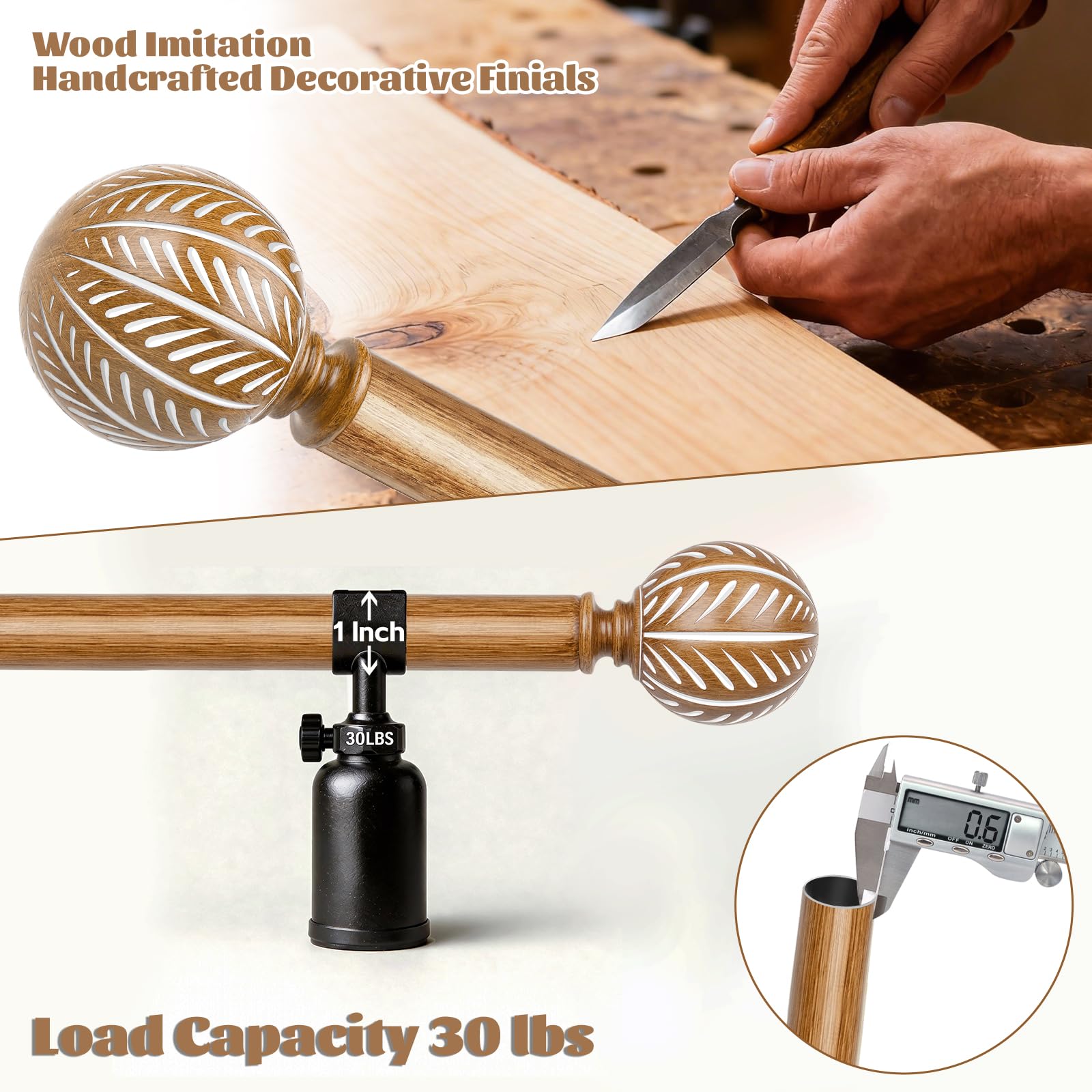 KAMANINA Tringle à rideaux double en bois de 2,5 cm pour fenêtres de 167,6 à 304,8 cm (1,5 à 3 m) – Tringles à rideaux décoratives très résistantes avec embouts à motif de feuilles – Grain de bois