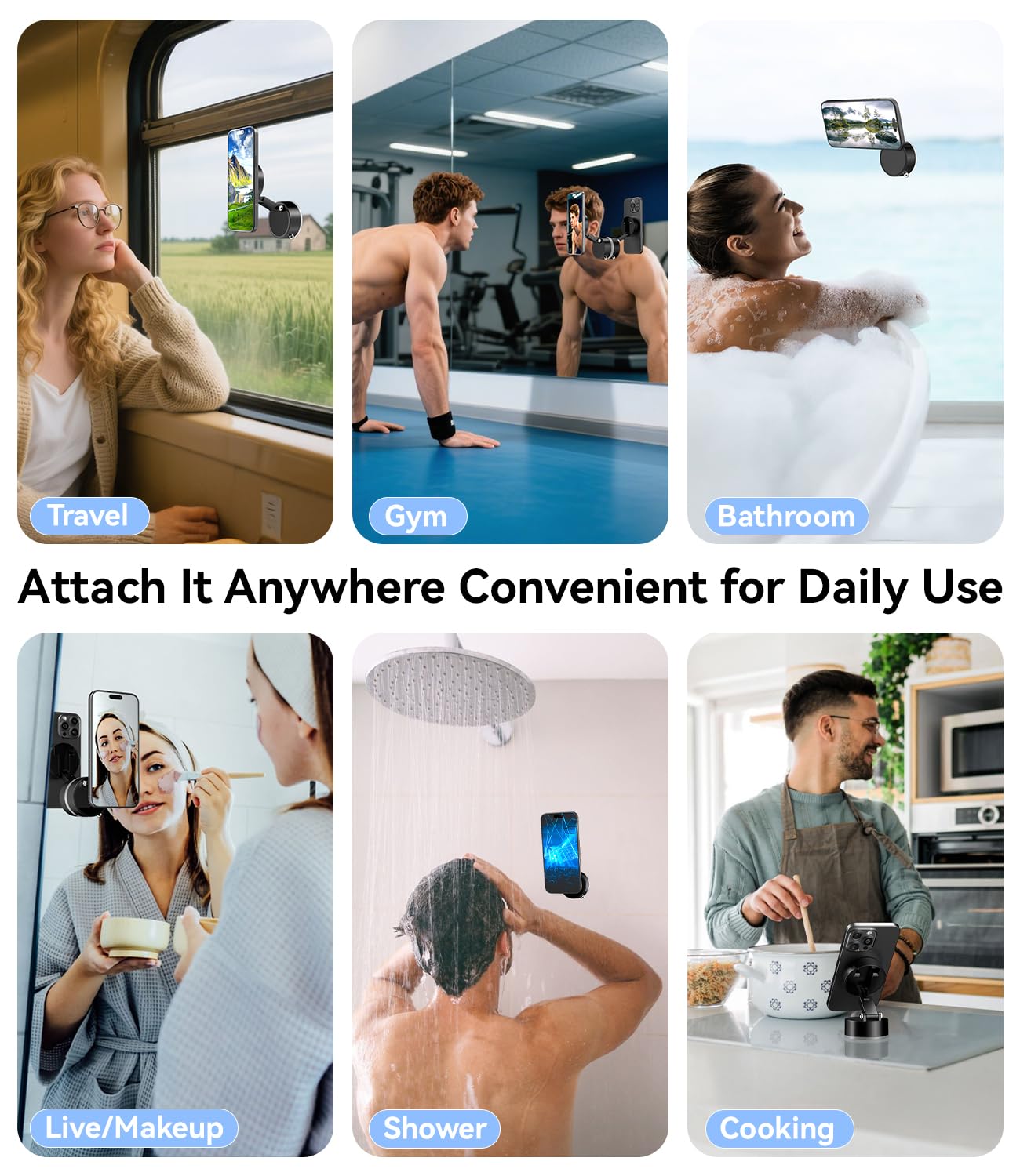 imluckies Supporto Magnetico Telefono con Aspirazione a Vuoto, Rotante e Pieghevole a 360°, Compatibile con iPhone Magsafe per Doccia/Bagno/Specchio/Auto/Cucina, Nero
