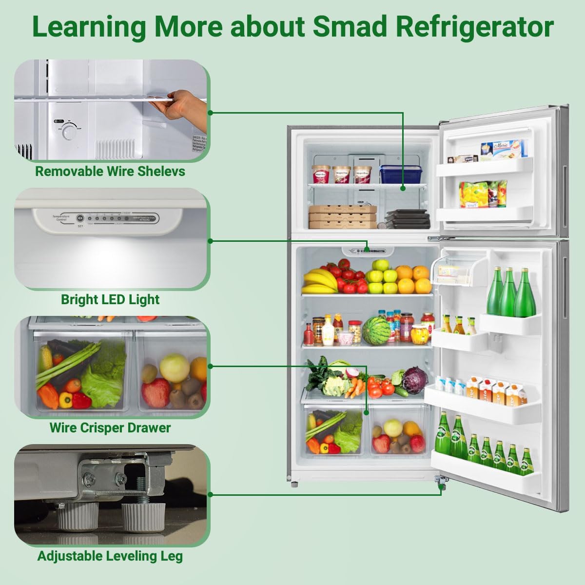 Smad Full Size Refrigerator 20 Cu.Ft, 30" Refrigerator with Top Freezer, Frost Free, Garage Ready, Freestanding Fridge for Kitchen, Office, Apartment, Dorm, Stainless Steel