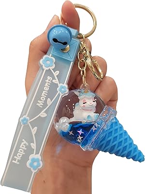 SPEEDYUNI Unicorn Ice Cream Keychain | Aesthetic Liquid Floating Lanyard Key Chain Key Ring Holder for Bag Charms & Car Keys (Blue)