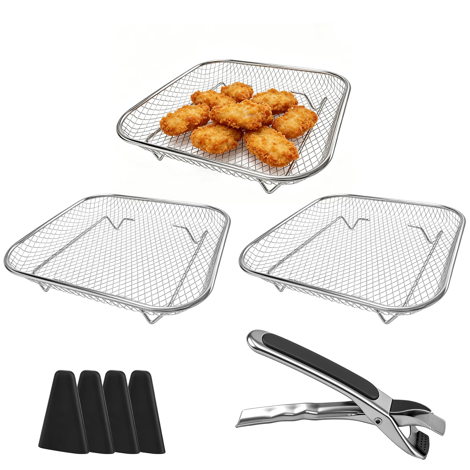 Estante para freidora de aire de acero inoxidable apilable con pinzas y pies protectores