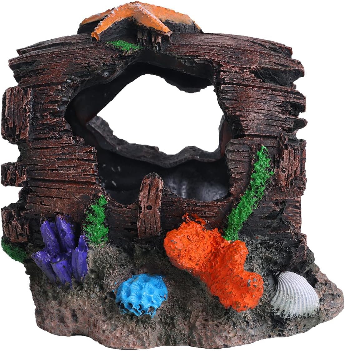 Barrel for Fish Tank Decorations, Goldfish Betta Fish Aquarium Decoration with Seastar and Coral, Fish Tank Accessories,Fish Cave Hideout