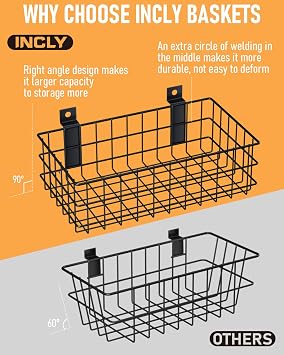 INCLY 4 Pack Black Slatwall Baskets Set, Ventilated Metal Hanging Storage Slat Wall Basket, Mounted Slatwall Accessories for Garage Rooms Shops Storage Organizing Display on Slatwall Panels