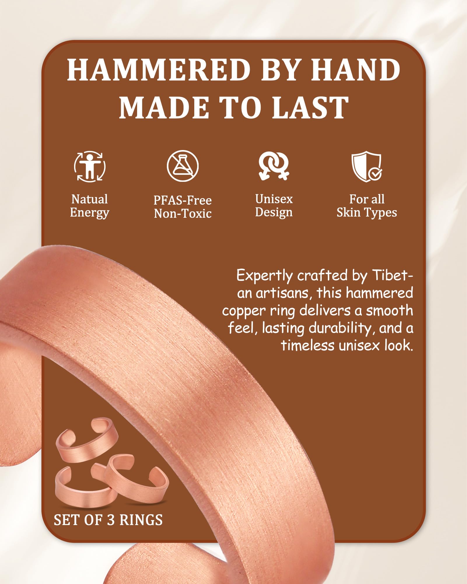 BioMag Juego de 3 anillos de cobre hechos a mano, 100 % cobre puro sin tratar, anillos de meditación, juego de anillos de artesanía tibetana (vintage)
