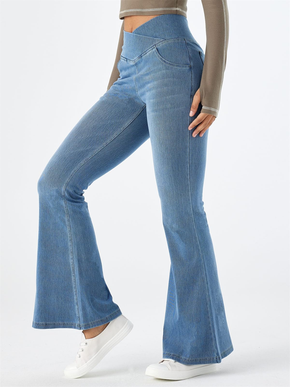 SotRong Jean évasé à coupe en V pour femme - Taille haute - Contrôle du ventre - Extensible - Coupe bootcut - Bas cloche - Avec poche - XS à XL