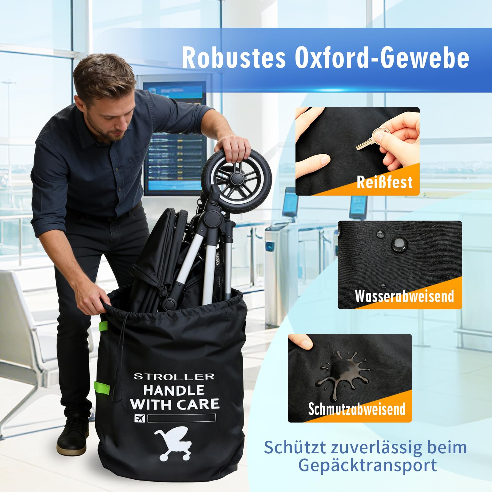 Torba transportowa do wózka dziecięcego, samolot, duża torba transportowa 116 x 53 x 33 cm, wytrzymały pokrowiec ochronny do wózka dziecięcego z tkaniny Oxford, składana torba podróżna do wózka