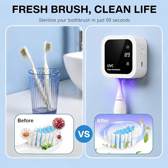 Sterilizer Toothbrush UV-C and UV-A Dual Disinfection, Wall-Mounted Toothbrush Holder with Air Drying Function, Suitable for Bathroom Personal as Well as Travel (White1)