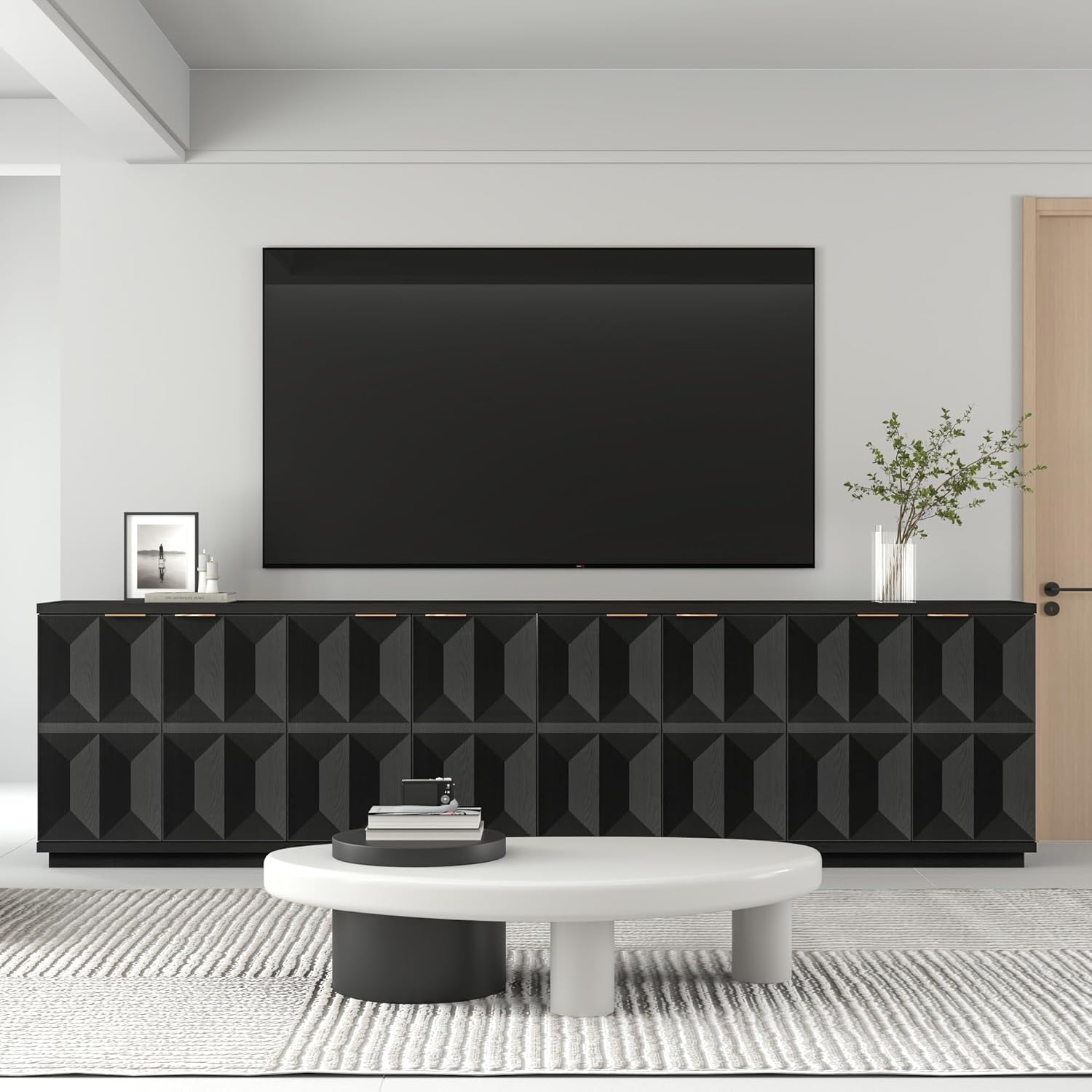 Brafab Buffet Cabinet, 59" Modern Mid-Century Credenza with 4 Doors, Wood Sideboard Cabinet with Geometric Doors for Living Room and Kitchen, Black