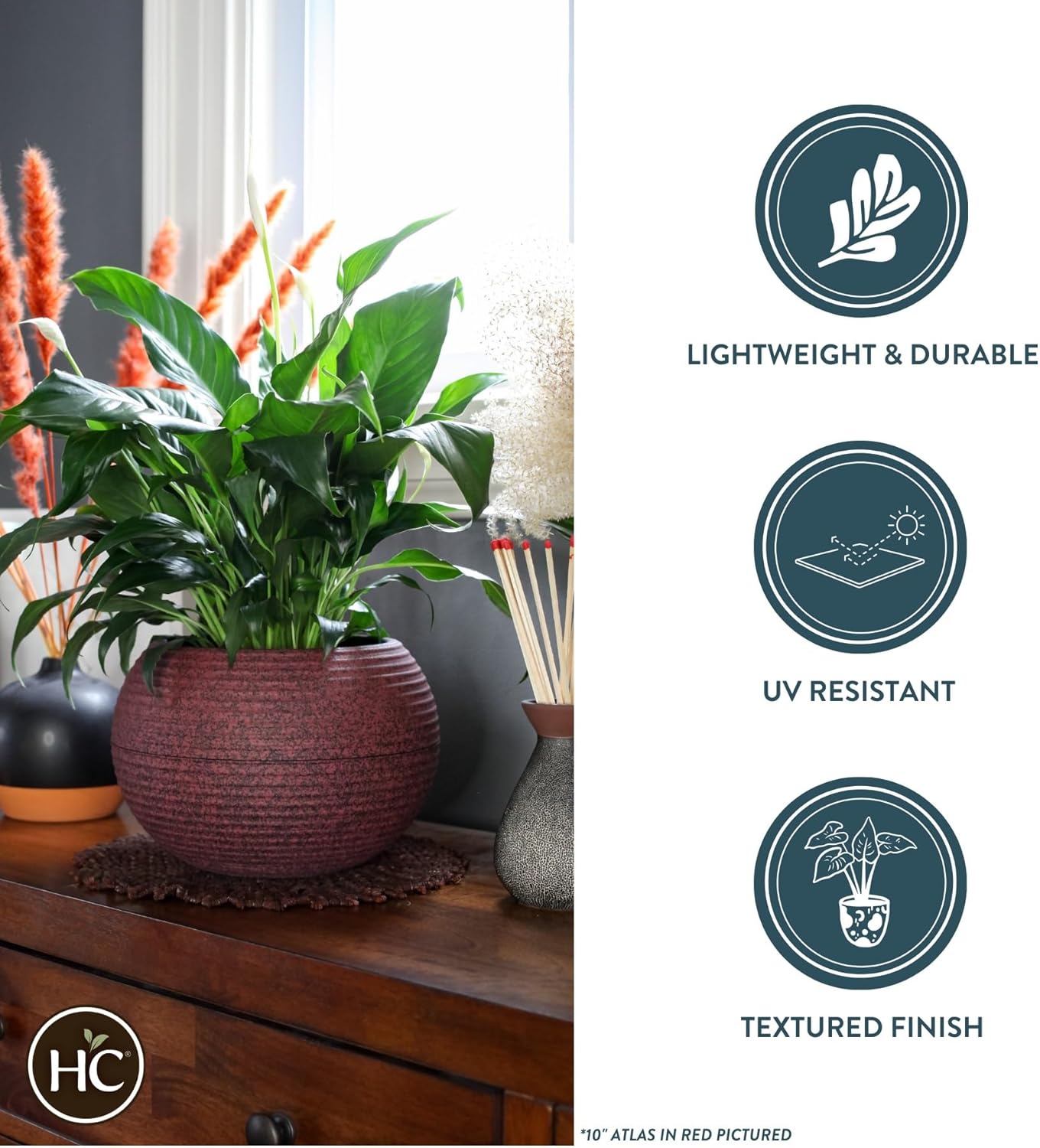 The HC Companies 8 Inch Atlas Sphere Planter - Lightweight Decorative Round Indoor Outdoor Plastic Plant Pot for Herbs and Flowers, Gray