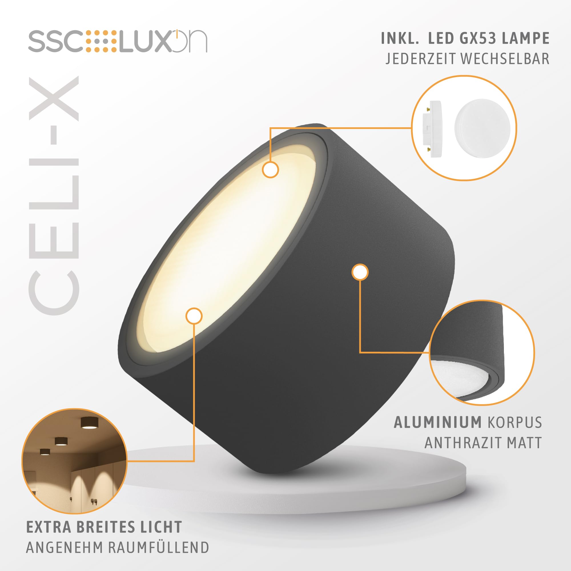 SSC-LUXon 4x CELI-X dimmbare Spot Deckenleuchte flach inkl. LED Leuchtmittel GX53 - Aufbauspot rund anthrazit warmweiss 4,5W 230V