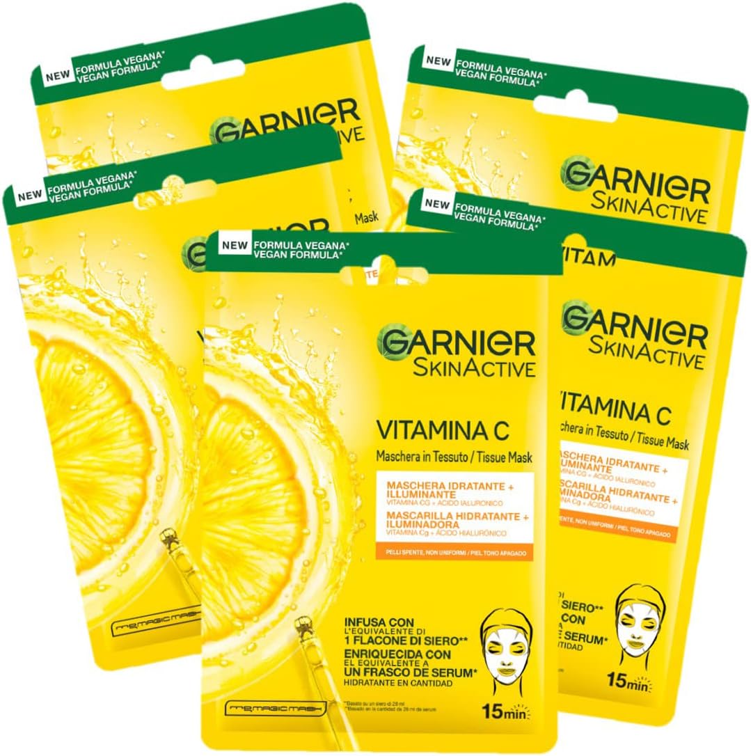 Garnier Skin Active — set 5 maschere viso in tessuto con acido ialuronico e vitamina C
