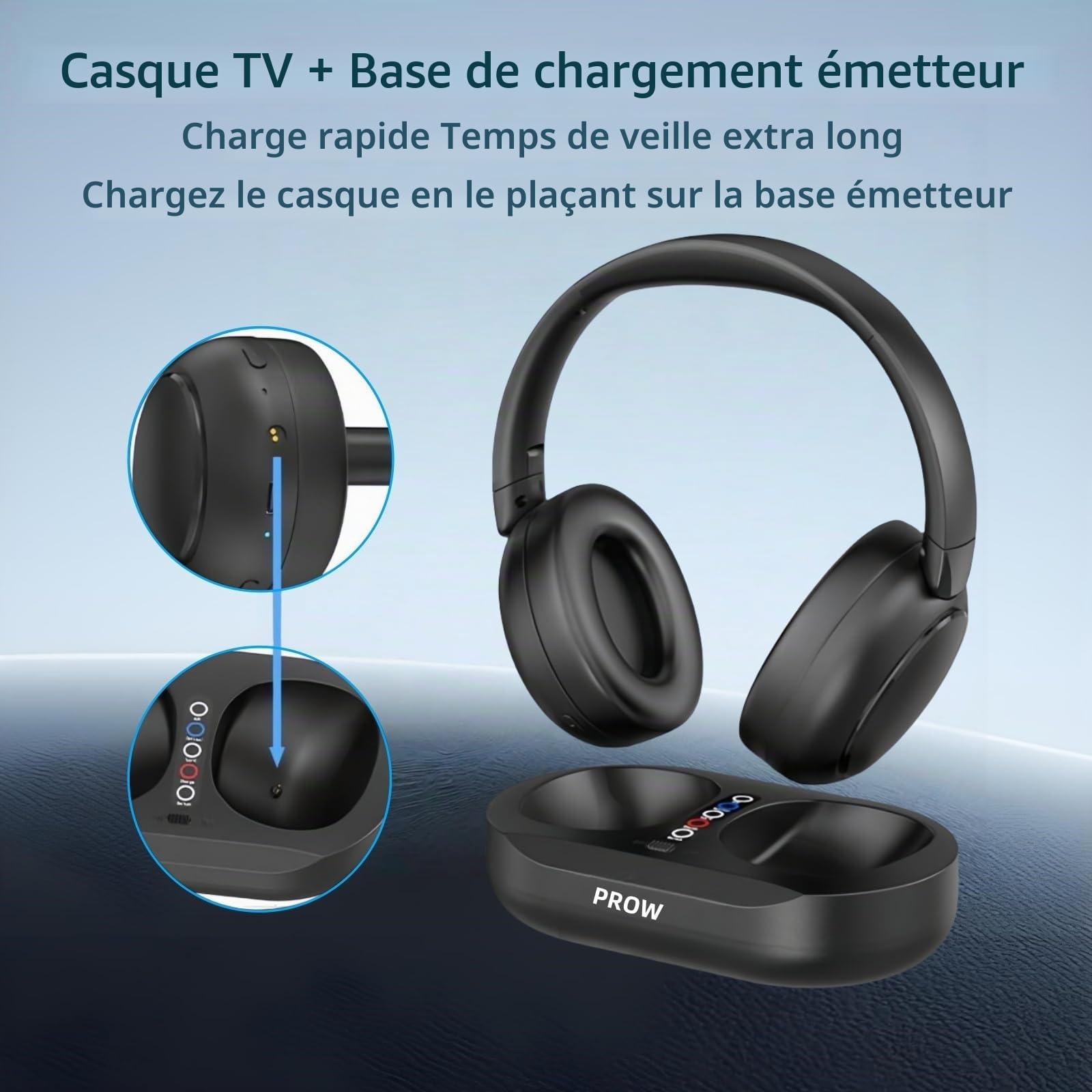 PROW Casque TV sans Fil, 2.4G et Bluetooth 5.3 Technologie bi-Mode Casque TV pour Personnes Âgées, Auriculaire sans Retard de Synchronisation, avec Base émettrice, Support Fibre Optique/USB/RCA/BT