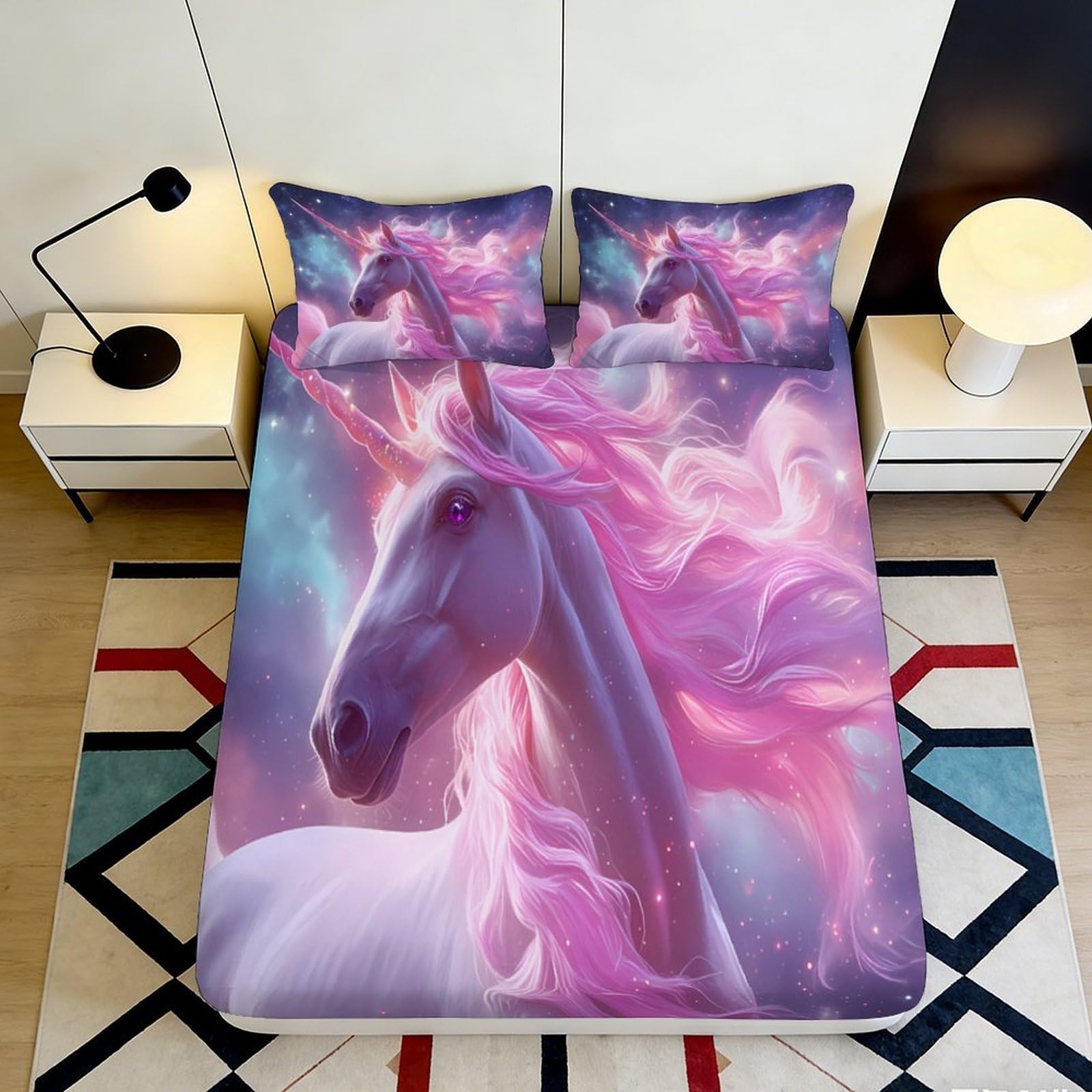 3D Printed Fantasy Unicorn Fitted Sheet Microfiber Non-Slip Deep Pocket Bedroom Bedding Dream Unicorn Mattress Fitted Cover Washable 140x200x25cm