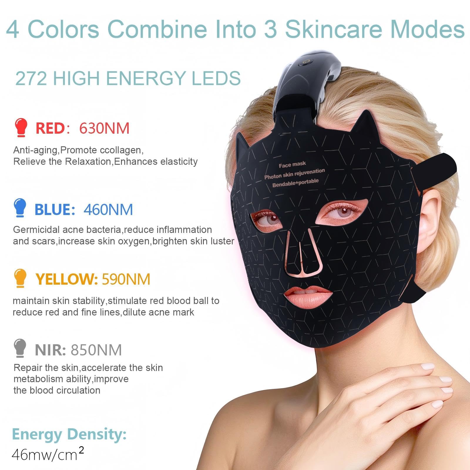 Maschera LED Viso con 4 Colori,Maschera per Viso della Luce Rossa,Red Light Face Mask con 3 Modalità di Cura della Pelle,LED Mask Infrarossi Antirughe Anti-acne,per Tutti i Tipi di Pelle a Casa