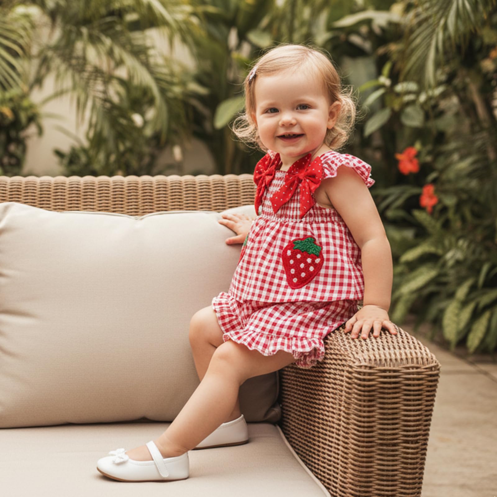 Toddler Baby Girl Summer Clothes Infant Girl Plaid Outfit Strawberry Ruffle Gingham Shirts Dress Tank Top Shorts Set — view 3