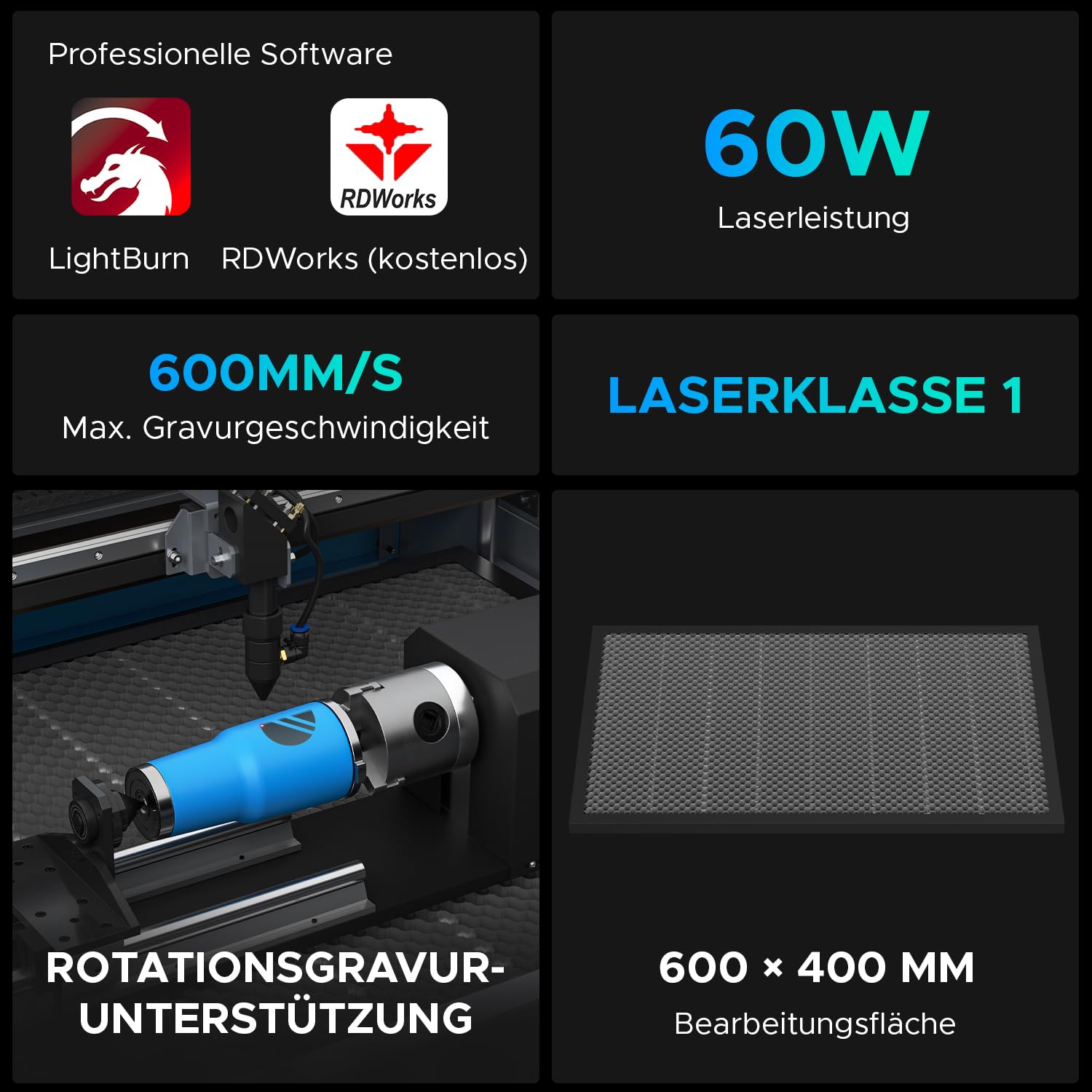 OMTech CO2 Laser 60 W maszyna do grawerowania laserowego CO2, 600 x 400 mm, maszyna do grawerowania laserowego z cyfrowym panelem sterowania RDWorks i koła, komercyjna