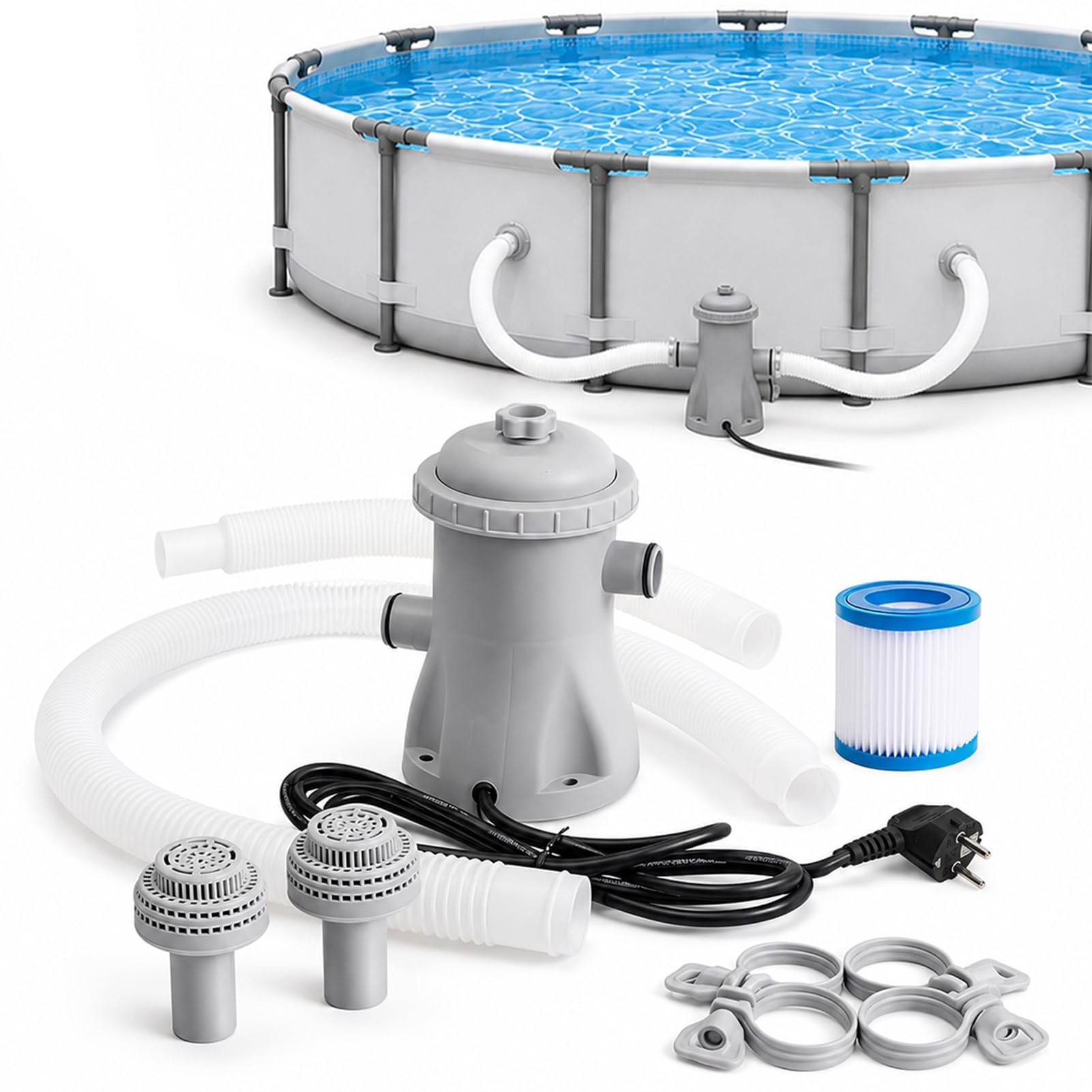 Above Ground Pool Filter Pump 330 GPH, Pool Filtration System with Hoses, Replacement Filter and Quiet Circulation, Complete Inflatable Pump Kit, High-Efficiency Water Clean & Debris Filtration