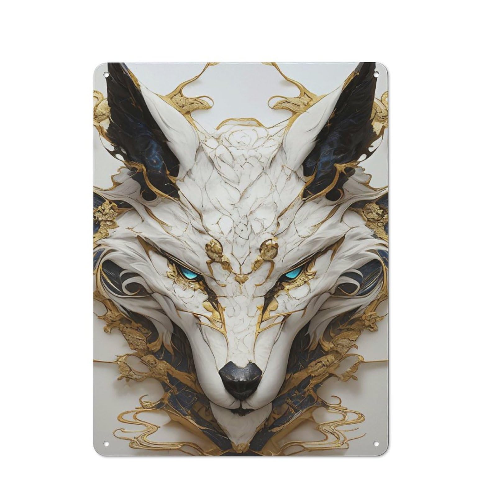 Junmoney Style-15 Rustic Tin Sign 40X30cm Featuring Ornate White And Gold Wolf Portrait For Garage Or Workshop, For Garage, Workshop And Man Cave Decoration