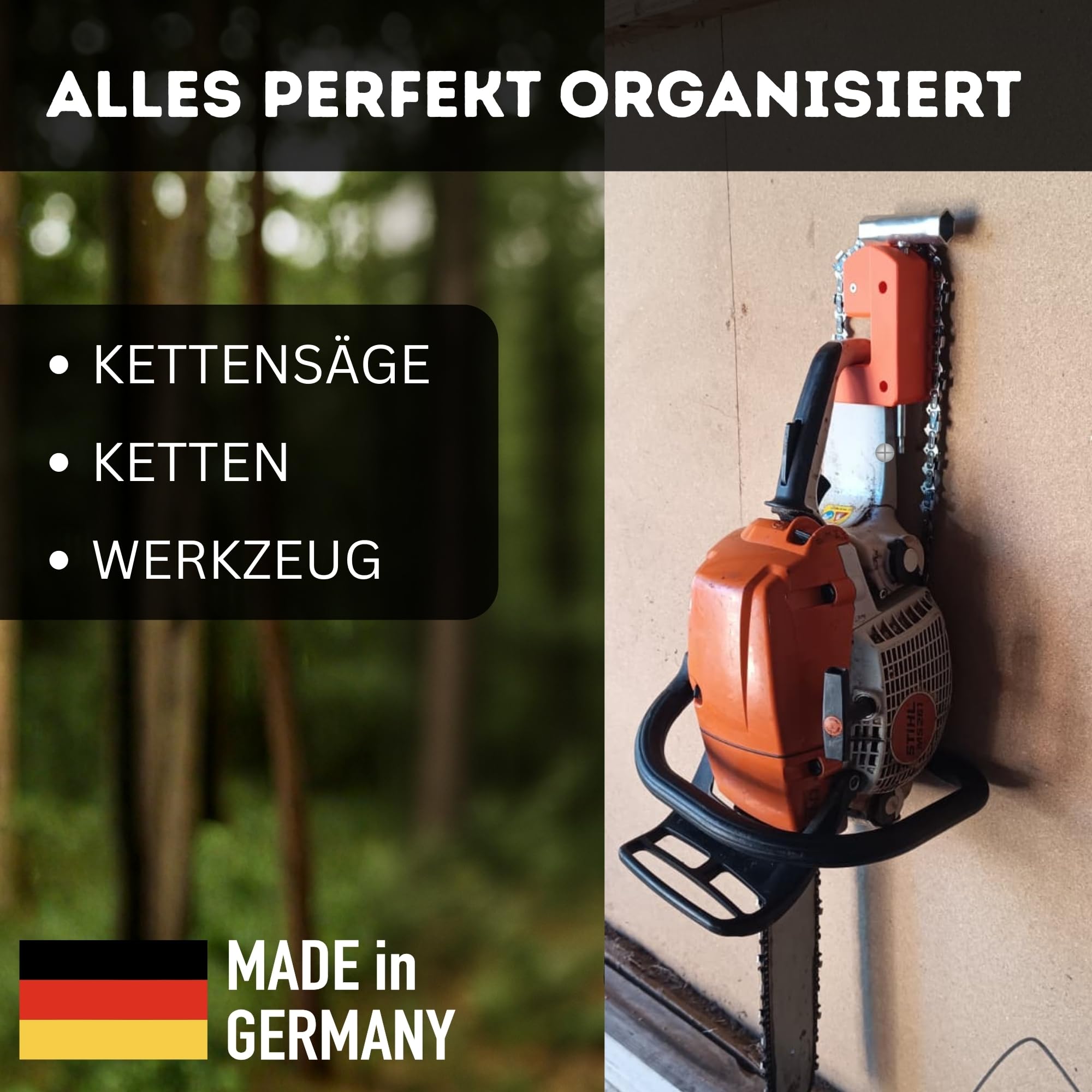 Halterung für Kettensäge + Ketten + Werkzeug I Passend für Stihl Husqvarna Dolmar I Sägeketten Halter Wandhalterung