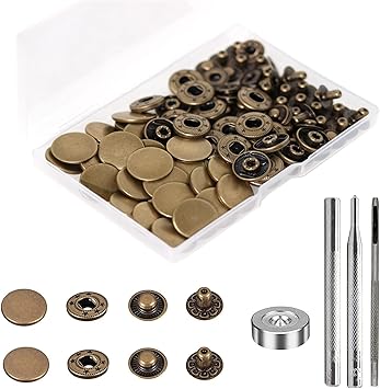 24 Sets Heavy Duty Leather Snap Fasteners Kit, BetterJonny 17mm Metal Snap Buttons Press Studs Leather Rivets Snaps with 4 Setter Tools for Clothes Bracelet Jackets Jeans (Antique Brass)