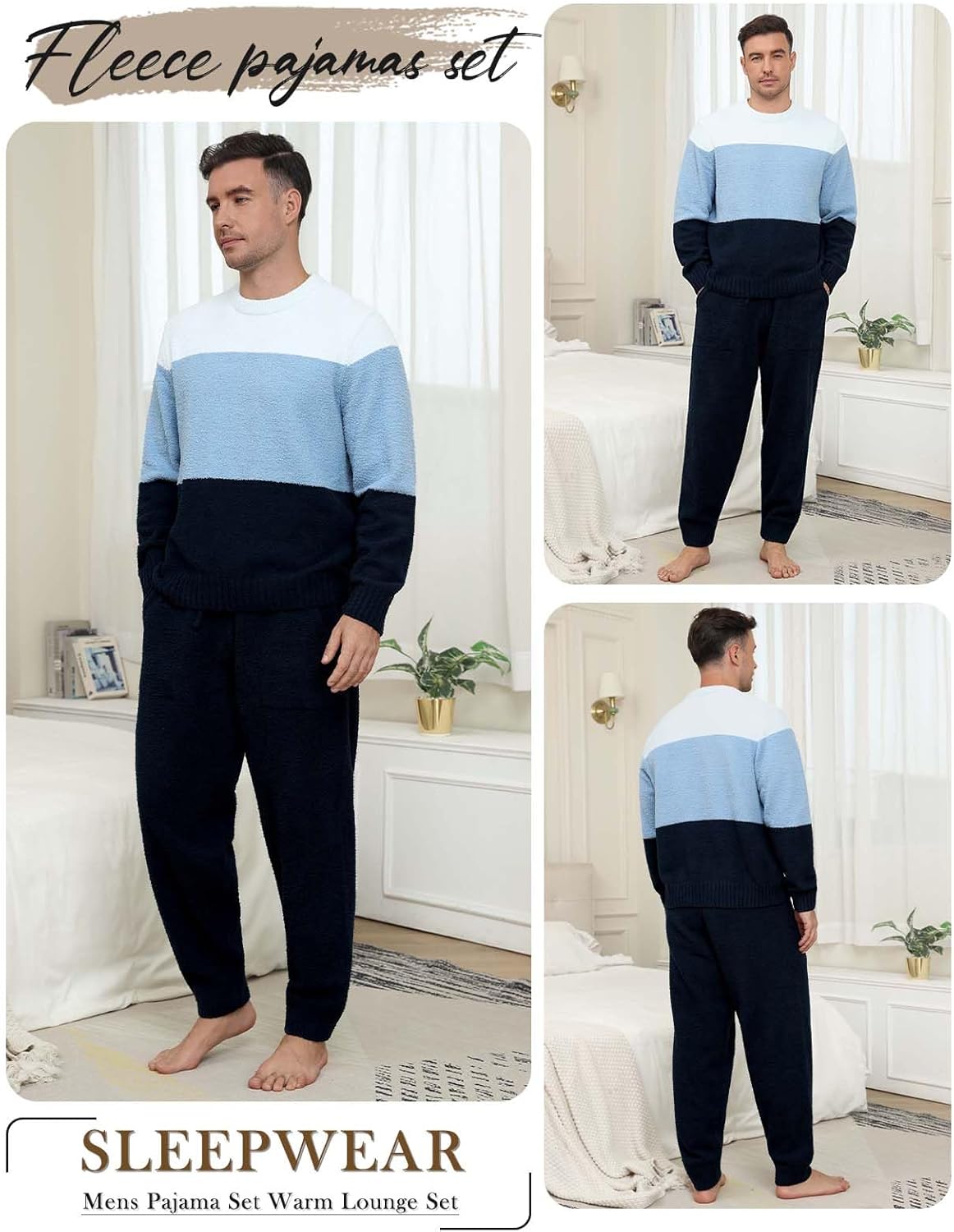 Mens Winter Pajamas Set Soft Warm Round Collar Long Sleeve Sleepwear Comfy Loungewear Pjs with Pockets - Image 4