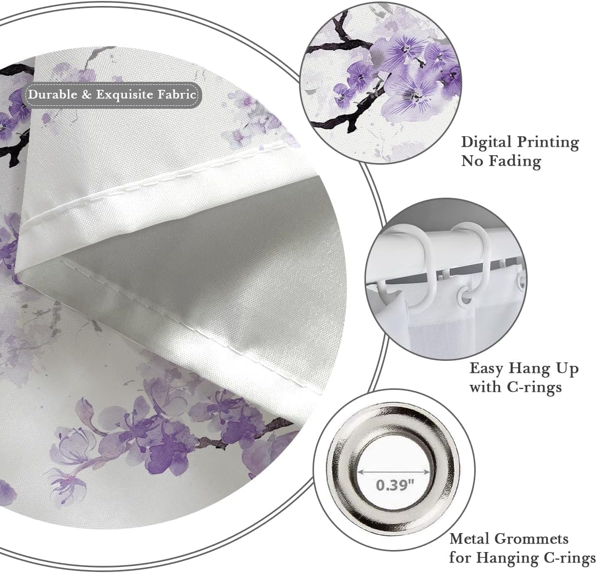 Purple Cherry Shower Curtain 72''W x 84''L Extra Long XL Large Spring Sakura Floral Flowers Plum Blossom Japanese Asian Bathroom Curtains Plant Leaves Polyester Fabric 12 Pack Plastic Hooks