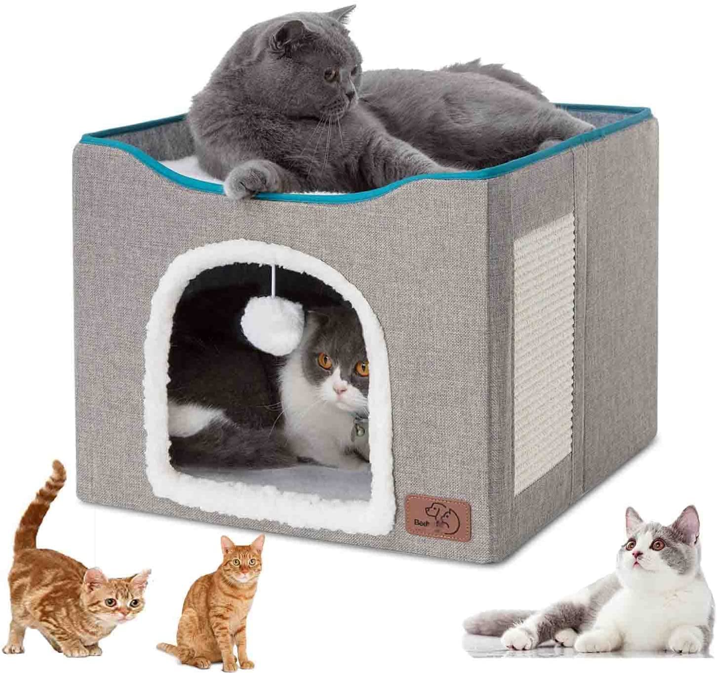 سرير ومخبا للقطط المنزلية الكبيرة قابل للطي مزود بلوح للخدش وبكرة منفوشة ومعلقة مقاس 41×41×35 سم