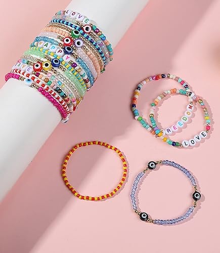 Miniatura 6 de 22 pulseras con cuentas de mal de ojo pulseras coloridas ajustables y elásticas hechas a mano pulseras de amuleto de buena suerte para mujeres y