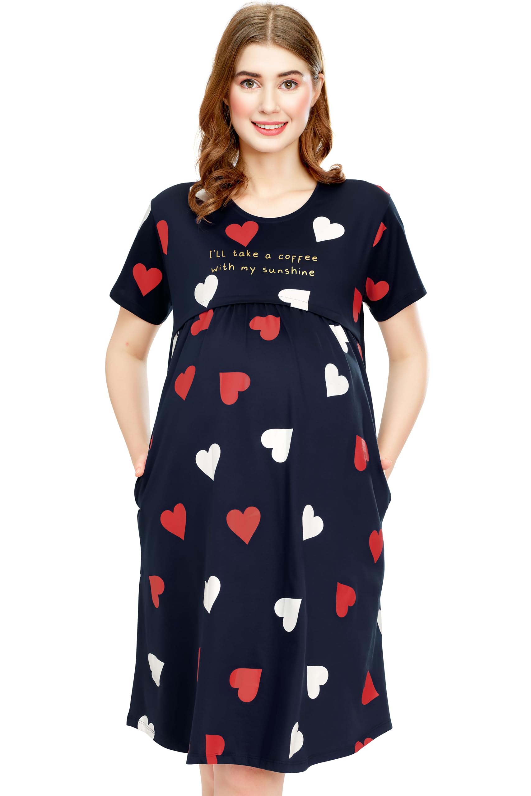 zeyo Women's Cotton Night Dress Heart Printed Maternity & Feeding Short Nighty Night Gown 5810-picture-55