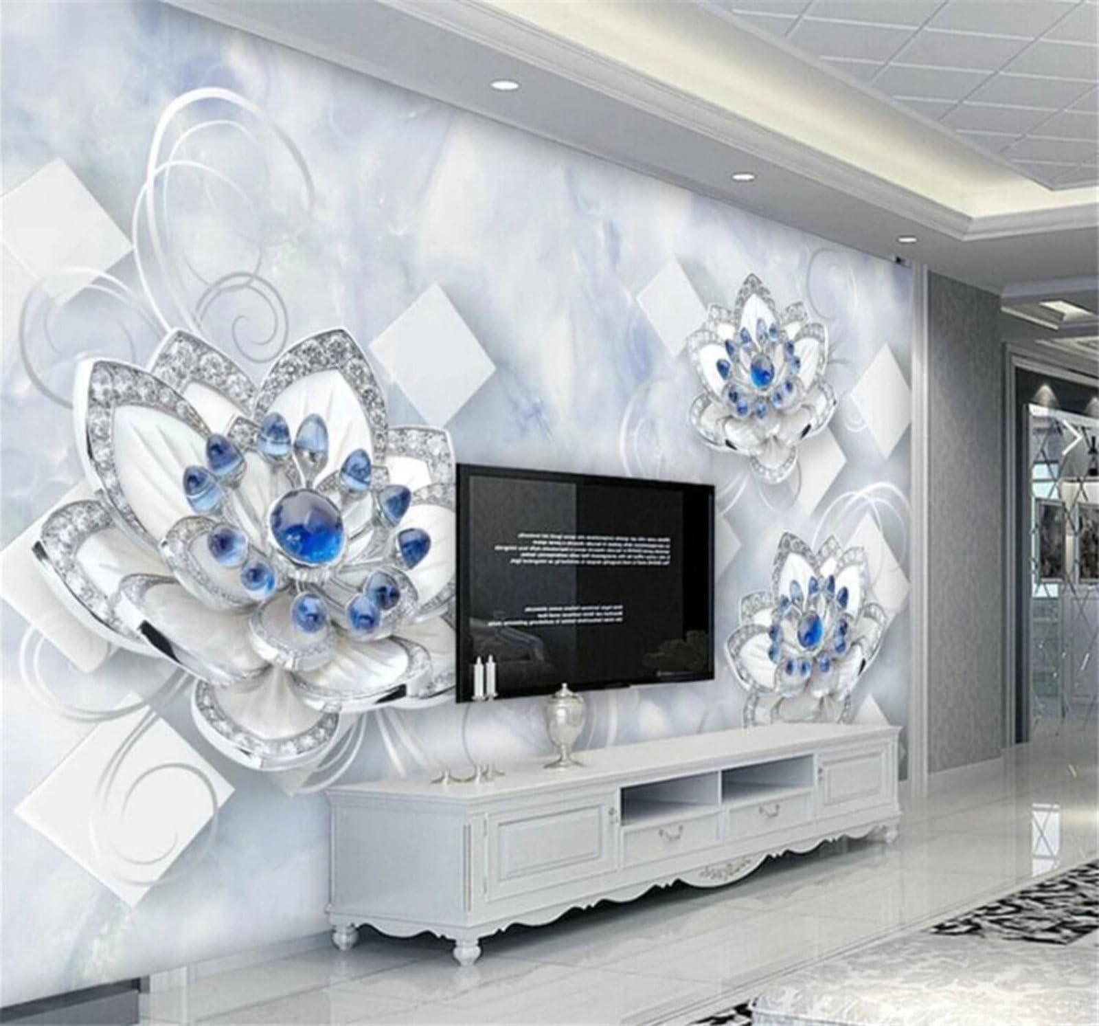 Wallpaper-3D-Xlm 300Cm×210Cm(B×H) Minimalist Three Dimensional Blue Crystal Flowers 3D Wallpaper Easy Install Feature Office Living Room Sofa Bedroom Tv Background Wall Decoration-300Cm×210Cm