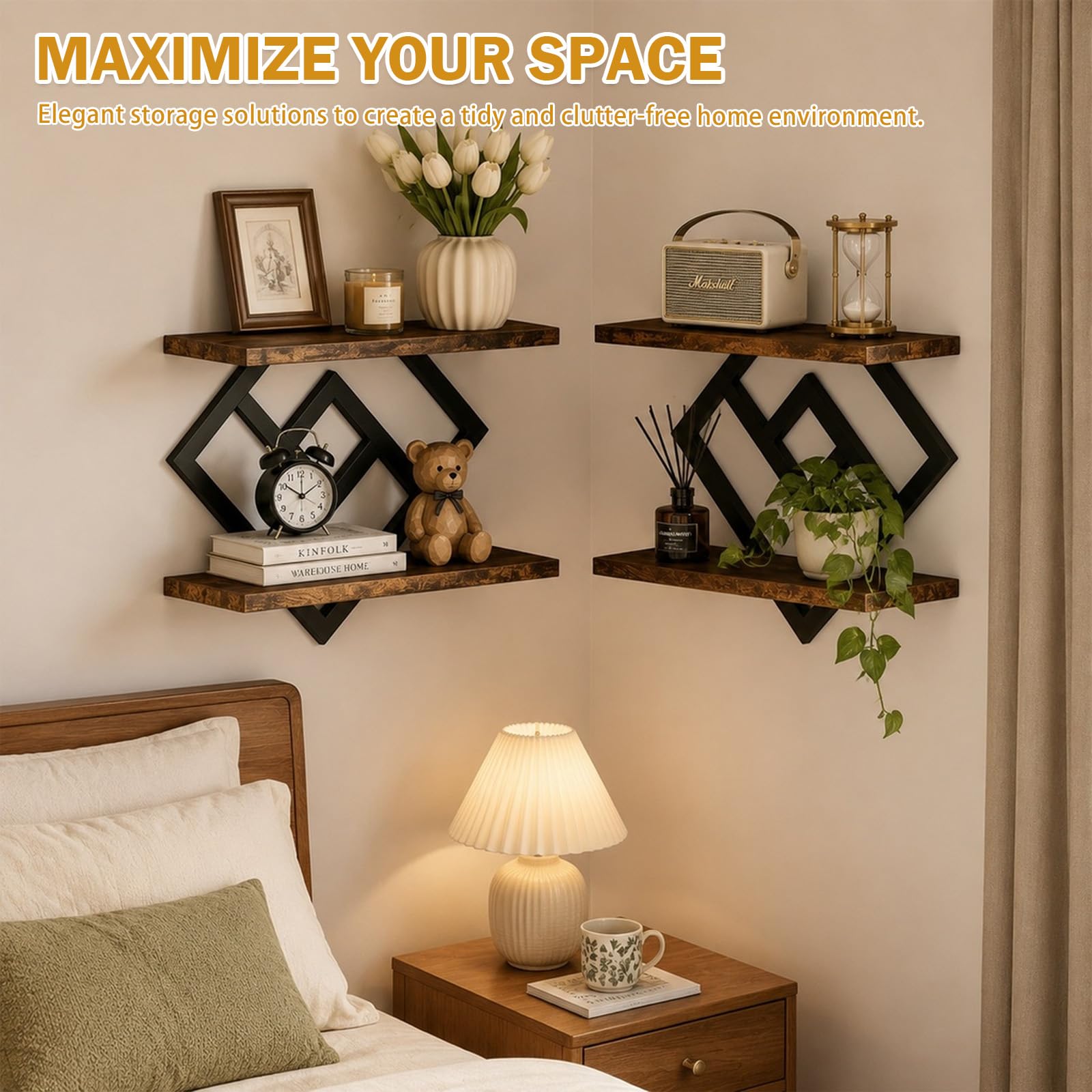 2er-Set Wandregal, Wandregal Holz, Regal Wand, Schweberegal Doppellagig, Leicht zu Verstauen für Wohnzimmer,Schlafzimmer,Küche