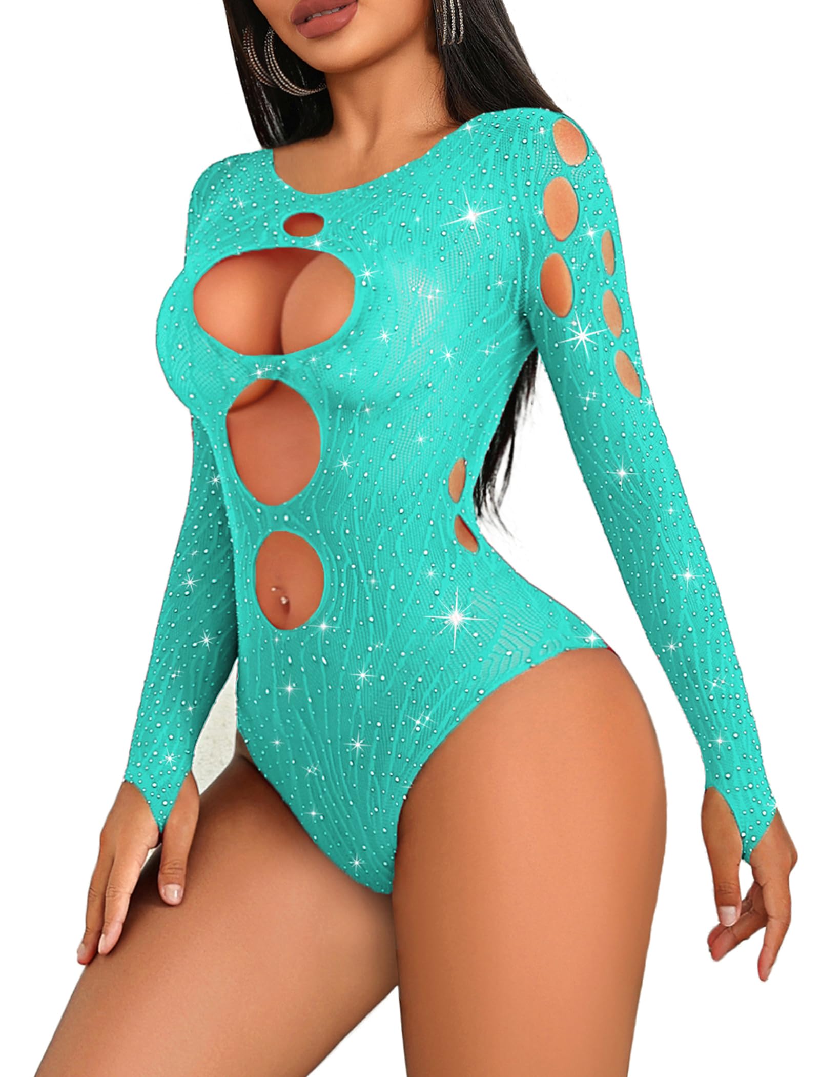 Avidlove Women's Lingerie Rhinestone Fishnet Bodysuits Sexy Body Suit Mesh Top Rave Outfits One Piece Teddy Lingerie