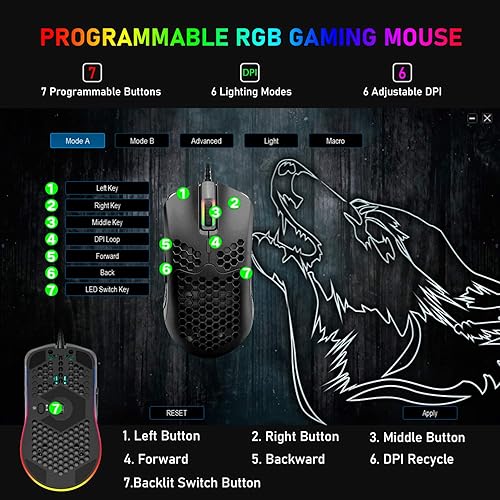 Miniatura 8 de Teclado mecánico para juegos y mouse ligero de panal con retroiluminación RGB arco iris, 61 teclas, ergonómico, programable, con cable, USB para