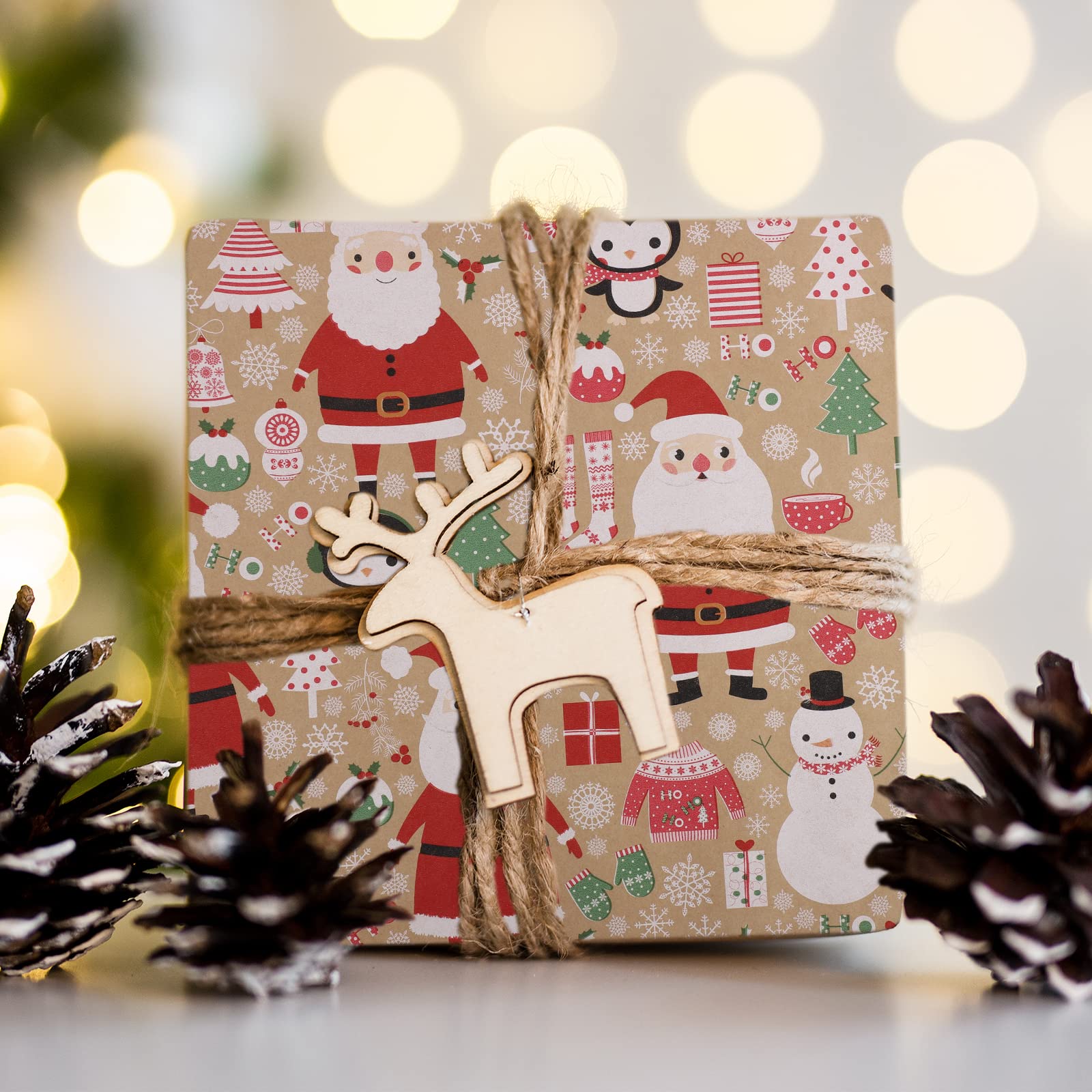 HBell Christmas Wrapping Paper Roll, 43cm x 15m, Kraft Paper with White Star, Dots, Christmas Trees, Moose, Snowflake - Image 4