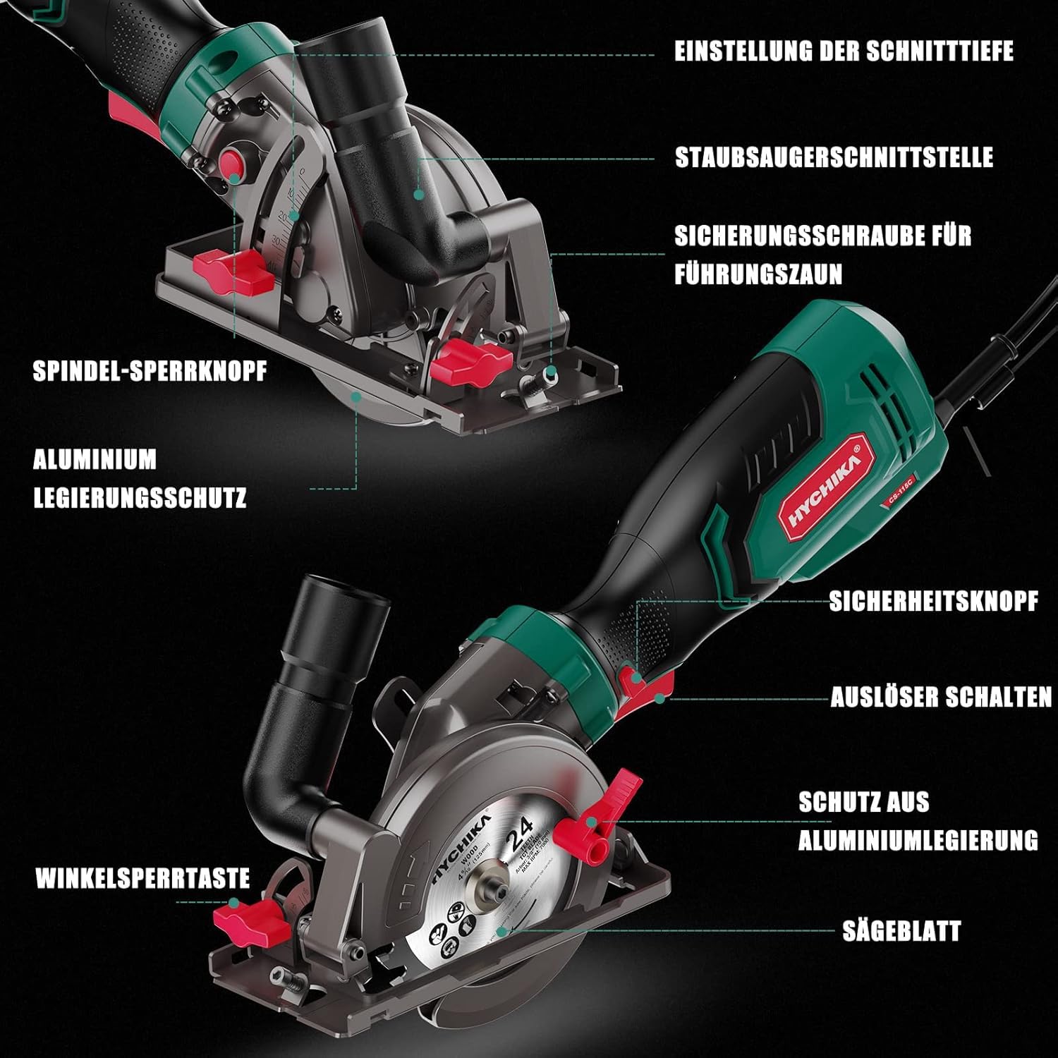 HYCHIKA Mini Kreissäge 750W 3500U/min, Handkreissäge Kompakt mit 3 Sägeblättern (24T/60T/9T) für Holz, Metall & Fliesen, Schnitttiefe bis 48mm, 45°/90° Gehrungsschnitt, Heimwerken
