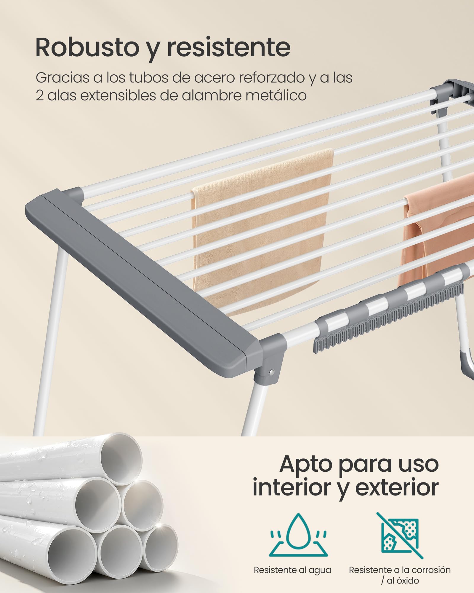 SONGMICS Tendedero para Ropa, Tendedero de Pie, Alas Extensibles, 22 m de Superficie de Secado, con Porta Calcetines, Plegable, Blanco Perla y Gris Paloma LLR522WK01