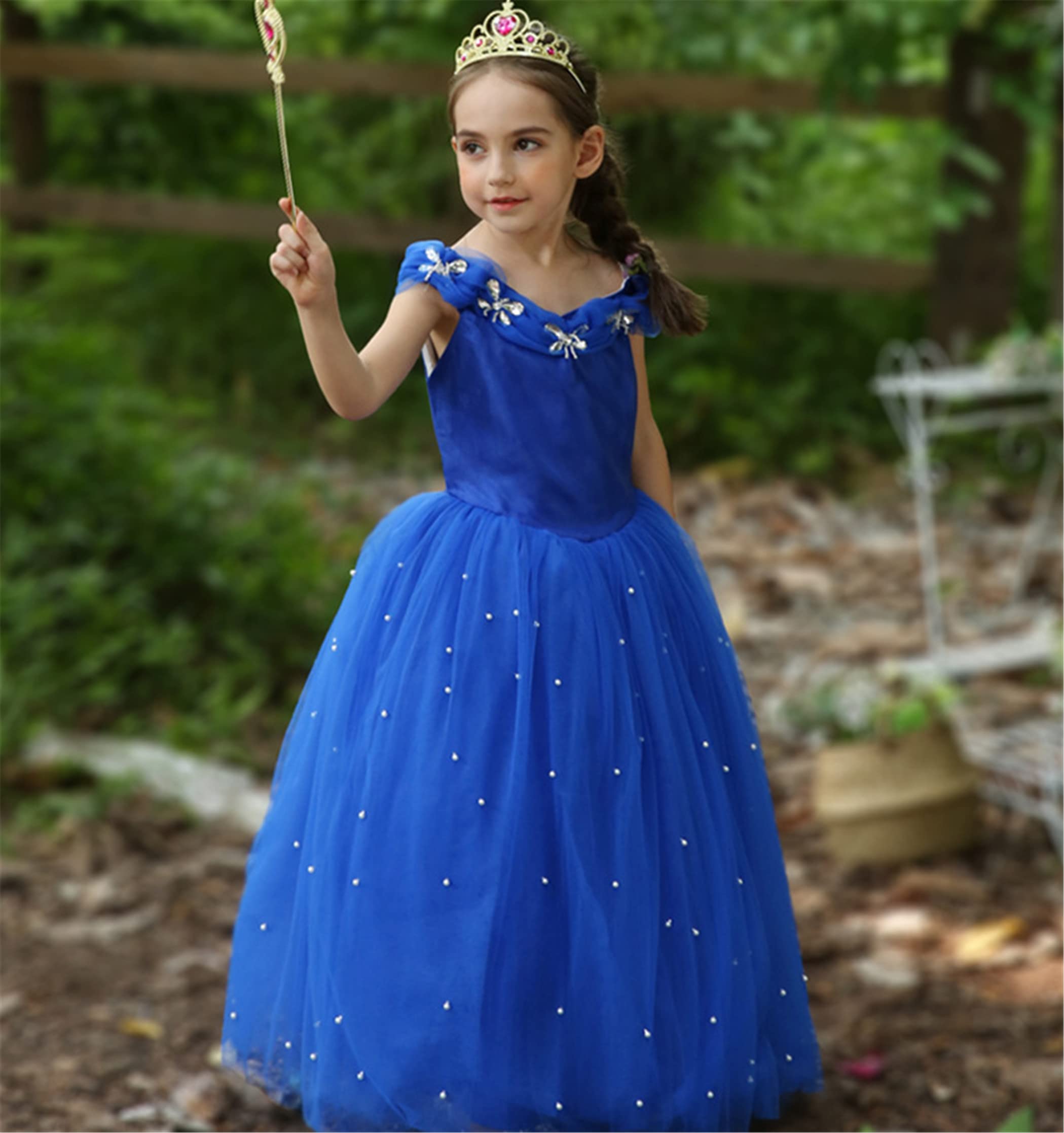 Bambine e Ragazze Costumi Principessa Abito Vestito Farfalle Natale Carnevale Bacchetta Magica Guanti Halloween Maniche a Sbuffo,Blu,130