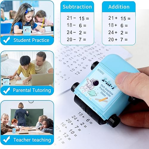 Miniatura 3 de Juego de sellos de rodillo de matemáticas para niños, paquete de 3 repuestos, suma y resta 2 en 1, sellos digitales autoentintados para profesores